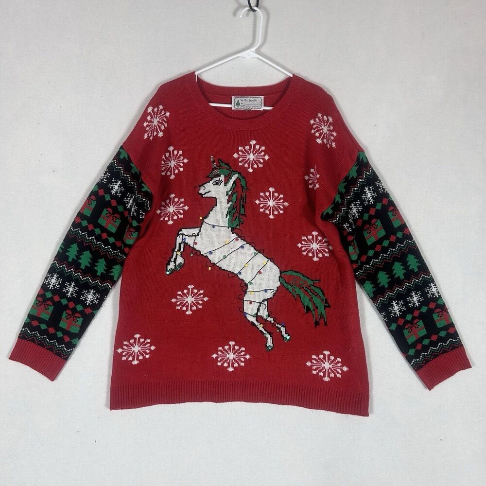 Ugly Christmas Sweater Unicorn Womens Large Red Crew Neck Pullover Holiday L/S